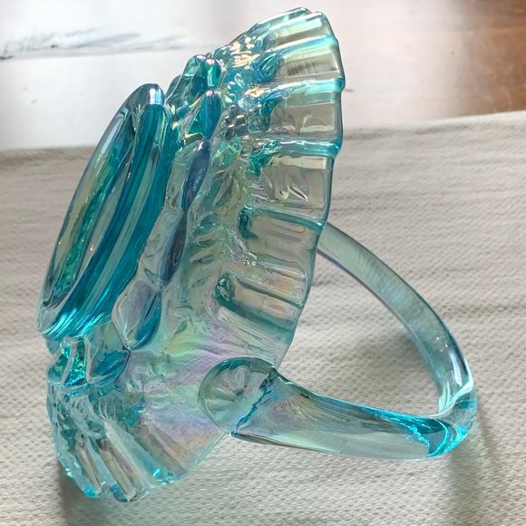 Vintage Westmoreland Glass Iridescent Aqua Blue Ruffled Edge Handled Basket - Picture 10 of 10